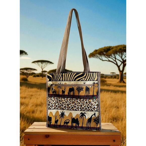 JADE Safari Animal Monkey Elephant & Giraffe Print Tote Shoulder Zip Bag Purse - Picture 1 of 5